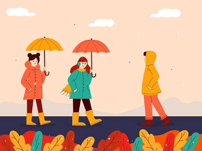 Autumn People Walk autumn boy girl illustration leaf man people season umbrella vector walk yellow