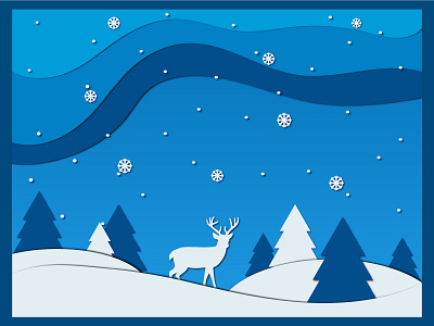 Winter landscape in paper cut style banner blue card deer landscape paper cut postcard vector winter