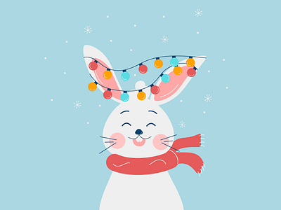Christmas smiling bunny with garland animal bunny cartoon celebration character christmas collection cute december decoration garland happy illustration new year rabbit smiling winter