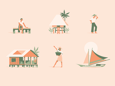 Mestizo (3 of 4) boat farm house icons illustration island man ocean palm pattern people philippines womans