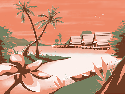 Huts coconut flower huts illustration island jungle landscape nature palm plants river tropical water weekly warm up