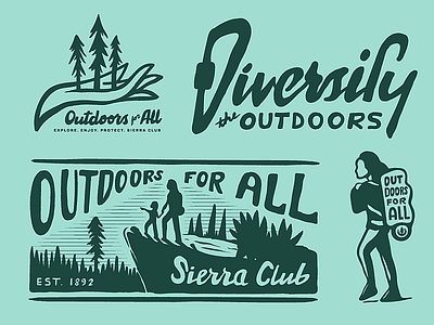 Outdoors for All backpack badge branding hand hiker illustration lettering logo patch procreate retro sierra club trees type typography