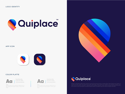 Brand identity design for Quiplace abstract app logo area brand identity branding company corporate creative logo local location location logo logo design map modern logo pin place q letter logo quiplace startup visual identity