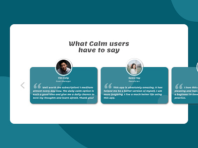 Testimonial page design for "Calm app"