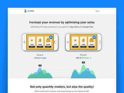 Landing Page for SplitStall analytics bars chart graph in apps landing landing page price revenue stats