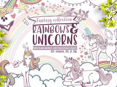Rainbows and unicorns creative market design graphics illustration illustrator kids unicorn vector