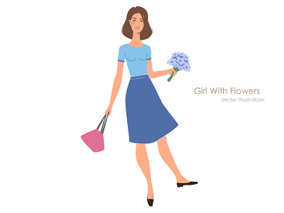 Girl With Flowers - Vector Illustration app branding design flat design flat illustration flowers girl girl character illustration typography ui ux