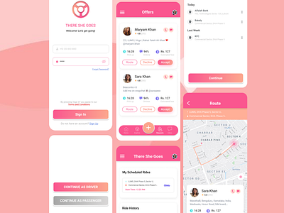 There She Goes - Carpool App app carpool carpooling create event driver mobile app mobile app design mobile design mobile ui passenger passenger sharing passengers pool party ride sharing rider ui ui design ui kit ux women only