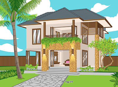 Modern House With Tree and Plants design house illus illustration sky vector