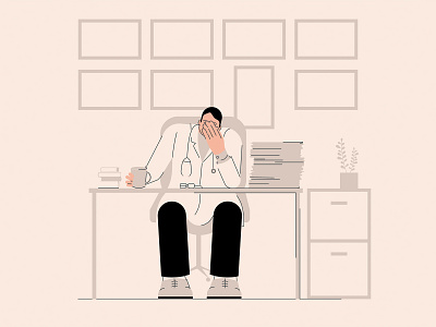 Tired doctor at his office doctor doctor office flat limited palette medic medical illustration medical uniform minimal non standard proportions physician