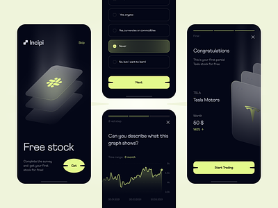 INCIPI - investment for beginners / Onboarding app design app interface bank banking cards crypto digital trading finance graphs interfacedesign investment mobile design stocks tesla trade trading trading platform ui ui ux uiuxdesign