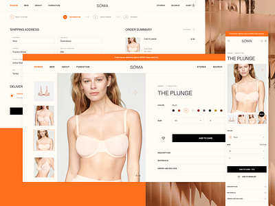 SOMA - product and card pages blush branding flexy landing lingerie minimal mobile design nightwear orange product card product landing pyjamas shop shopping ui ui ux uiux uiuxdesign underwear