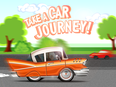 Car journey! 1957 1967 bel air car cartoon chevrolet dribbbleweeklywarmup illustration impala journey low rider lowrider travel trip vector