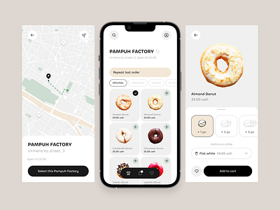 Pampuh Factory / Main flow - Mobile App add to cart application booking buy buy flow caffe app checkout clean design clean ui donuts map minimal mobile app order flow order page purchase squad purchase app design ui ui design user interface design