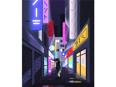 Night Tokyo 2d art city flat girl illustration japan neon night noise rain street tokyo vector
