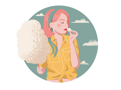 Pink in the clouds 2d art adobeillustator clouds cotton candy design flat girl illustration pink hair red lipstick vector