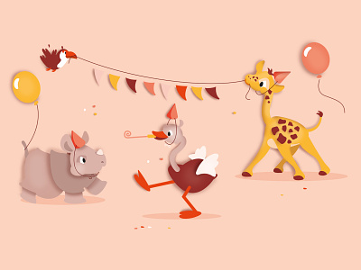 Birthday card animals baby animals balloons bird birthday card celebration character character design characters cute giraffe illustration ostrich rhino