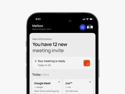 Mailbox app black blue box calender cron dark design gray invite light mailbox meeting minimal notes notifications picture ui ux welcome