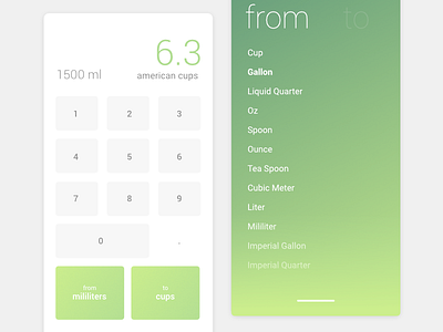 Cooking Converter Calculator affinitydesigner app calculator concept dailyui design green interface kitchen mobile mockup ui