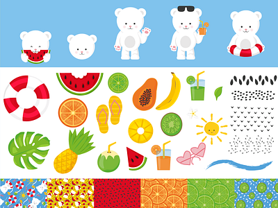 Cute Bear Summer - Pattern Design art cute cute animals cute art fruits illustration pool summertime sun suumer