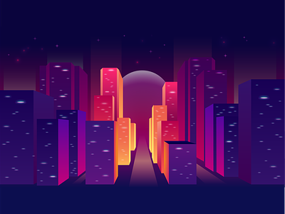 1-point perspective neon city illustration