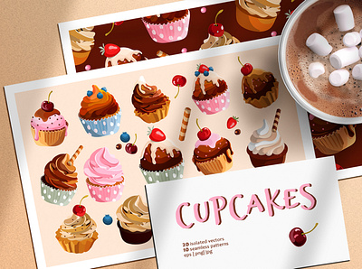 Cupcakes vector set seamless pattern