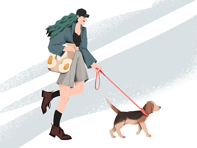Walking with the dog 2d beagle character dog flat girl illustration people procreate texture walk woman