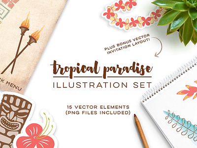 Tropical Paradise Set_Frostiki creative market illustration set luau polynesian summer tiki tropical