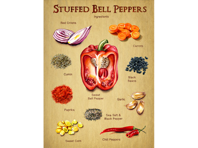 Stuffed Bell Peppers botanical botanicalillustration design drawing food foodandbeverage foodillustration illustration painting peppers vegetables watercolor