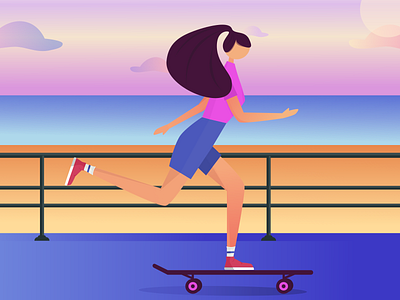 Girl on longboard affinitydesignerapp art beach character clean colorful design designer drawing flat illustration ipad longboard mountainview nature riding vectorart