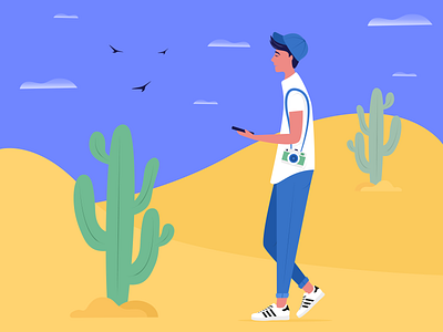 Exploring the Desert affinitydesigner art boy cactus camera character desert design designer drawing exploring illustration man people pose ui walk web website yellow