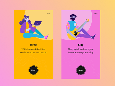 Onboarding screen android blush bright cool figma figmadesign gradient illustration mobile mobile app design onboarding onboarding ui pink sing uiux userinterface userinterfacedesign write yellow