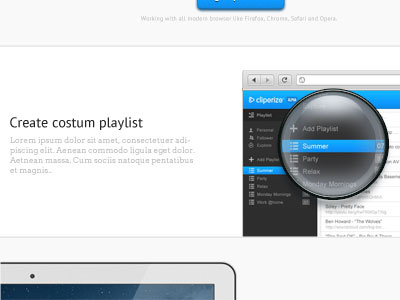 Landing Page Details app browser cliperize music profile ui ux video web