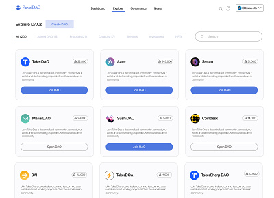 Dao Exploration page dao defi ui