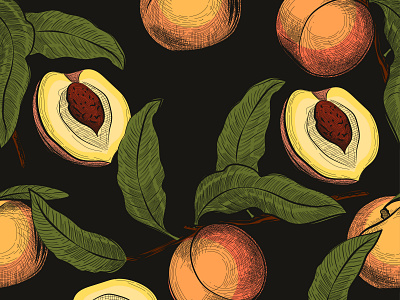 Peach engraved seamless pattern dark background backdrop background engraving fashion fruit hand drawn illustration pattern seamless sketch vector