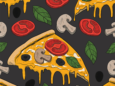 Slice of pizza seamless pattern in sketch engraving style