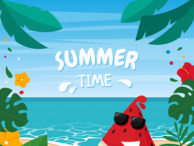 Cute Watermelon on beach landscape beach bright card creative design illustration landcape oceans recreation search summer summer party summer party flyer summertime tropical leaves vacation vector watermelon