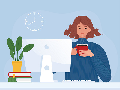 Woman working at the computer and drinking coffee adult books business illustration businesswoman coffee coffee break computer cute design female flat freelancer illustration job office office work time vector woman worker