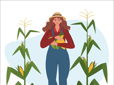 Woman farmer with ears of corn in her hands agriculturist agronomy autumn cob corn cute farmer farmers female field flat happy harvest illustration maize people september vector woman worker