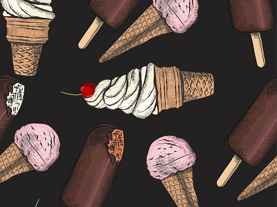 Ice cream in engraved style. Seamless pattern backdrop background black candy chocolate colored delicious design engraving flavor frozen hand drawn ice cream illustration pattern seamless summer tasty vector vintage