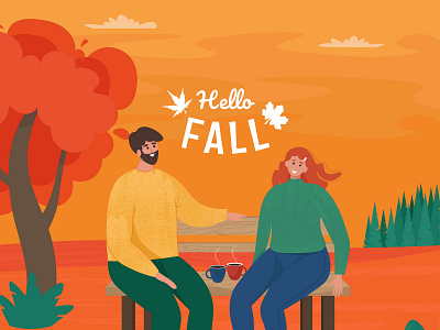 Love couple sitting on bench in autumn. autumn banner cartoon cpoupe cute cute art cute illustration fall flat hello world loving poster vector