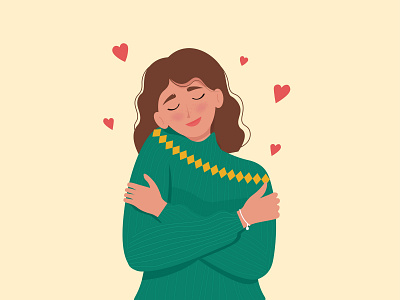 Love yourself. Young woman hugging oneself, happy, positive, and cute female flat freedom happiness harmony hug human illustration lifestyle love yourself mental health mind positive respect self care smile vector woman