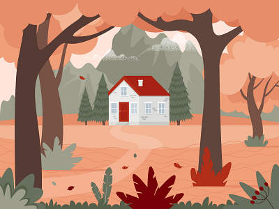 Autumn landscape with a house in the woods and mountains
