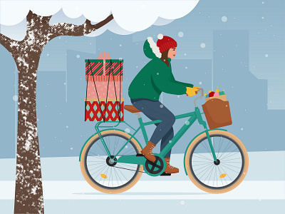 Woman dressed in warm clothing rides a bicycle with gifts. Flat