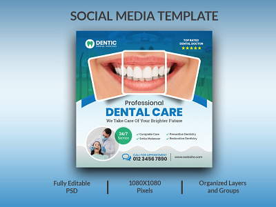 Dental Social Media Template. advertisement advertising blue business flyer design digital banner flyer graphic design green instagram instagram post template jpeg psd social media template