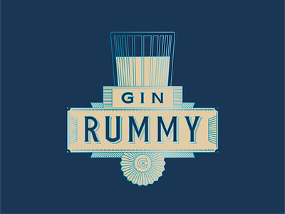 Gin Rummy blue cards classic design glass illustration linework old rum spirits vintage