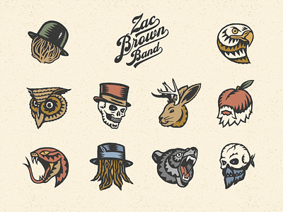 Zac Brown Band Illustrations band bear country eagle hat illustration owl peach skull snake stickers tattoos tumbleweed vintage