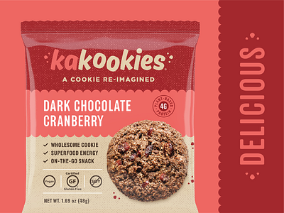 Kakookies Redesign (Dark Chocolate Cranberry) brand chocolate cookie cranberry food gluten free packaging red snack vegan