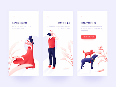 Family Travel app blue cat dog family illustration onboarding screen pet red travel ui user guide