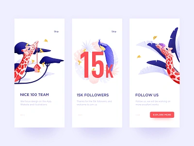 15k Followers animal app blue clean giraffe illustration landing page onboarding onboarding flow peacock red